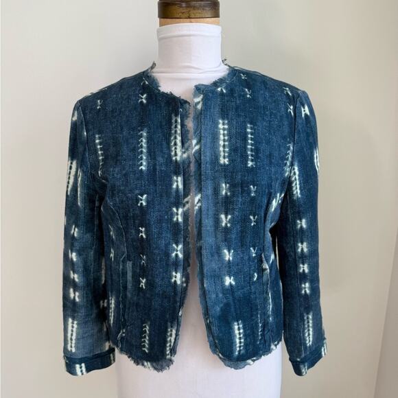 ANTHROPOLOGIE JIL SHIBORI GREYLIN DENIM PATTERNED BLAZER BLUE XS - Picture 2 of 7
